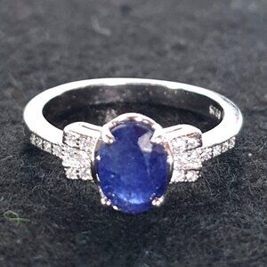 Elegant 1.5 carats Natural Blue Sapphire & CZ 925 Sterling Silver Ring – Size 8